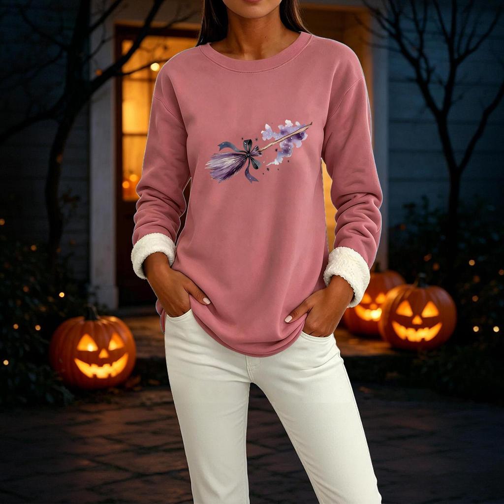 Women's Lined Long Sleeve Round Neck Halloween Print Tops for Winter Casual Wear