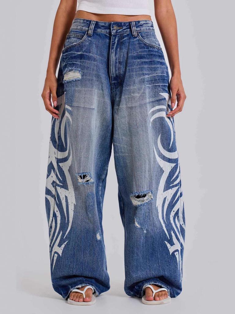 Blugi Unisex cu Imprimeu Graffiti Femei Harajuku High Street Mărime Mare Blugi Denim Largi Casual Blugi cu Talie Înaltă