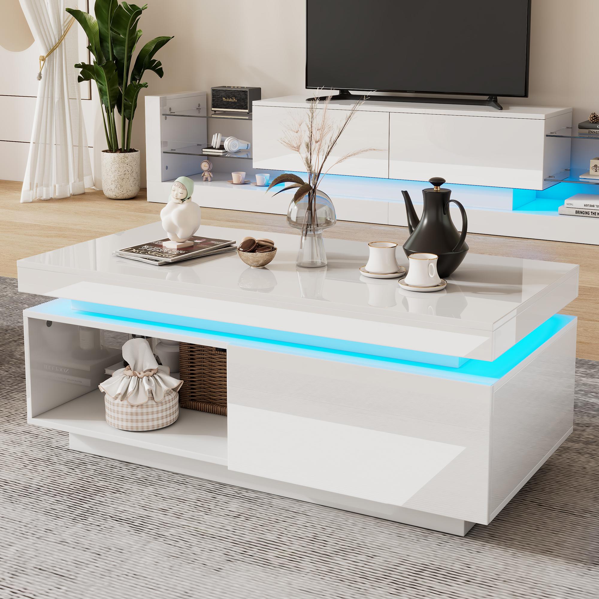 Modern, magasfényű dohányzóasztal LED világítással, 100x50x40,3 cm – Elegáns asztal fiókkal és 50 kg teherbírással fehér