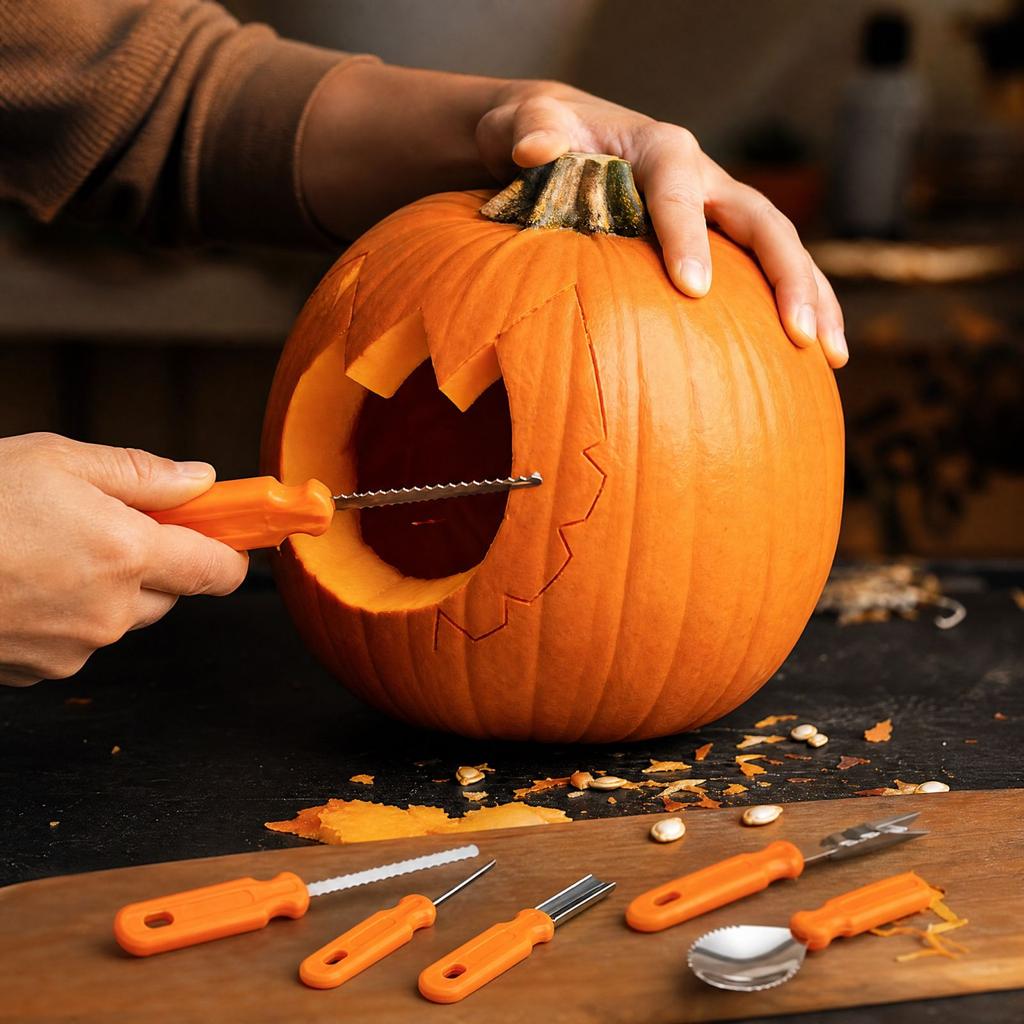7 Piece Pumpkin Carving Tool Set, Stainless Kit with Scoop and Saw for Halloween DIY