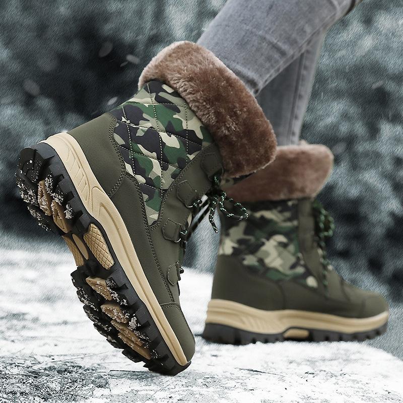 Damen Winterstiefeletten mit Camouflage-Muster, lässig, PU-Canvas, zum Schnüren, warme Baumwollschuhe für den Außenbereich, große hohe Stiefel, dicke rutschfeste Schuhe