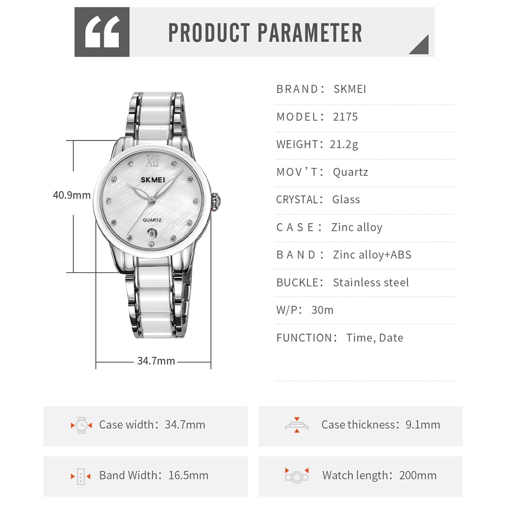 Women's Watch Ceramic white simple ladies waterproof brand business stainless steel gift for her silver