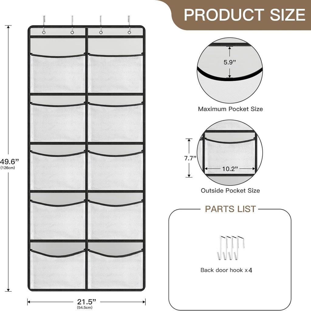 Over The Door Organizer with 5/10 Pockets Hanging Storage Shelves,Behind Door Organizer For Nursery Bathroom Bedroom