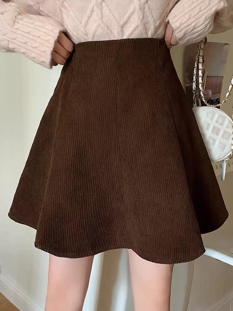 

Женская вельветовая юбка А-силуэта с оборками 2023 года: Осень/Зима Высокая талия, облегающий крой, короткая длина M кофейный
