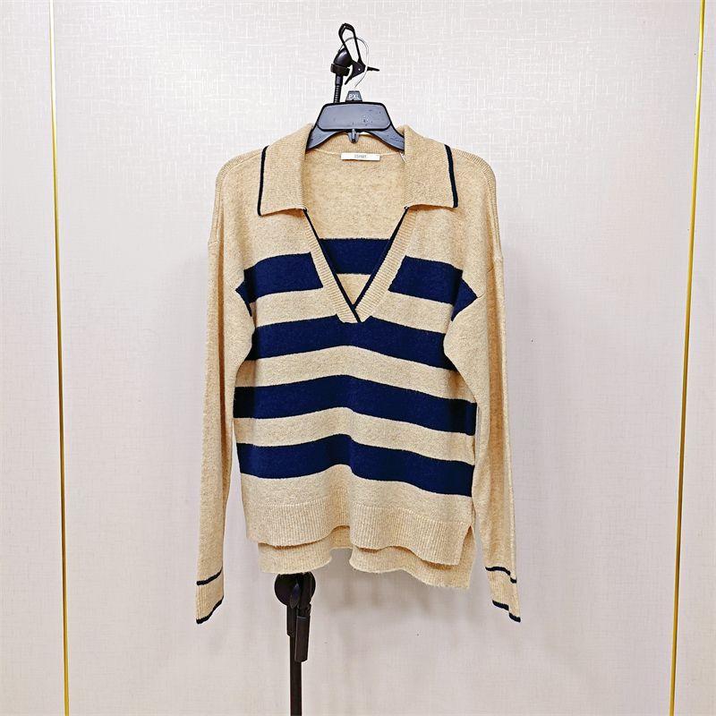 

European and American Ladies V-neck Pullover Knitting Fat Girl Sweater Khakis stripes XS