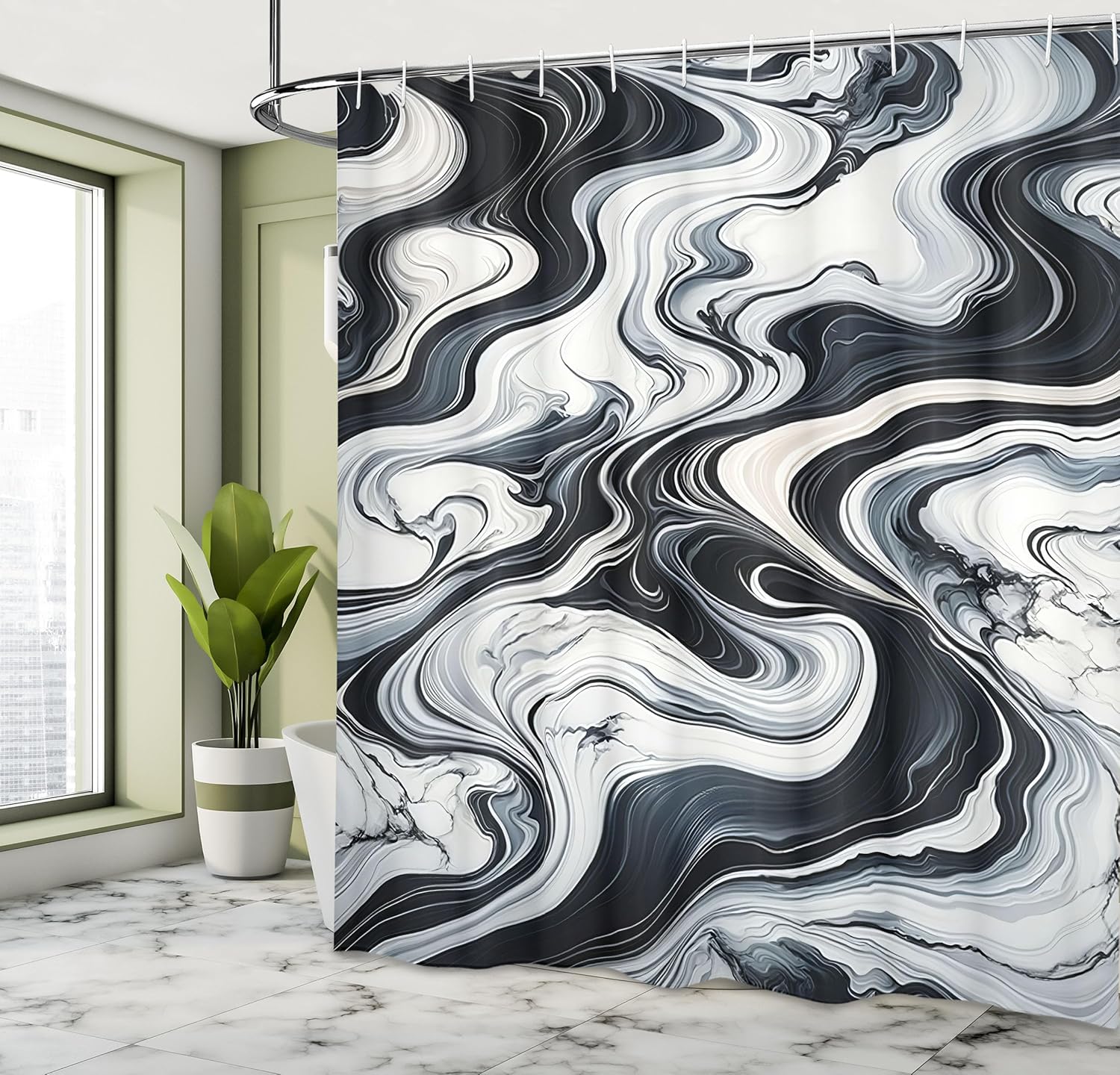 

Черно-белая шторка для душа, Абстрактные волны с мраморным принтом, Смешанный вид, Каменные детали, Тканевая ткань, Декор для ванной комнаты 90x180cm
