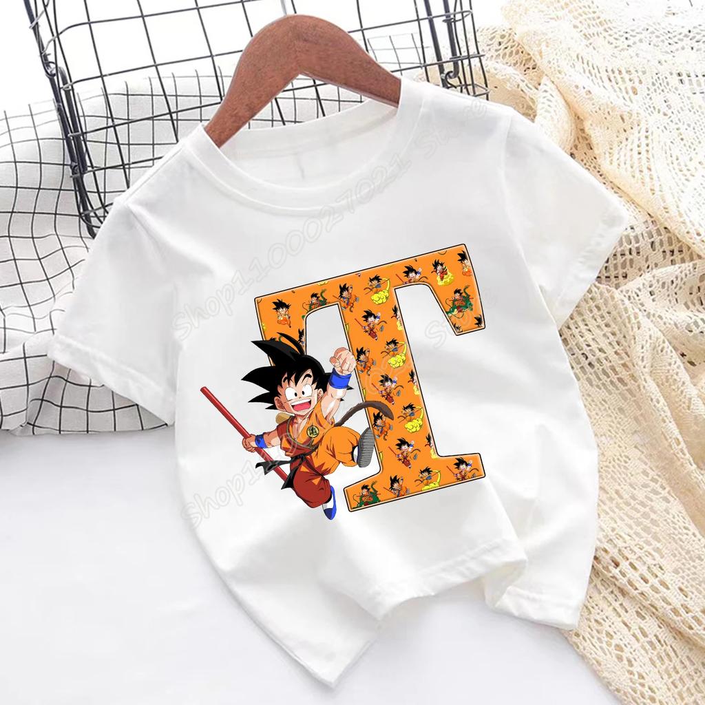 Dragon Ball Goku T-shirt Children A-Z Letter Tee Top Cartoon Summer Fashion White Short Sleeve Clothing Kids Casual Clothes Gift