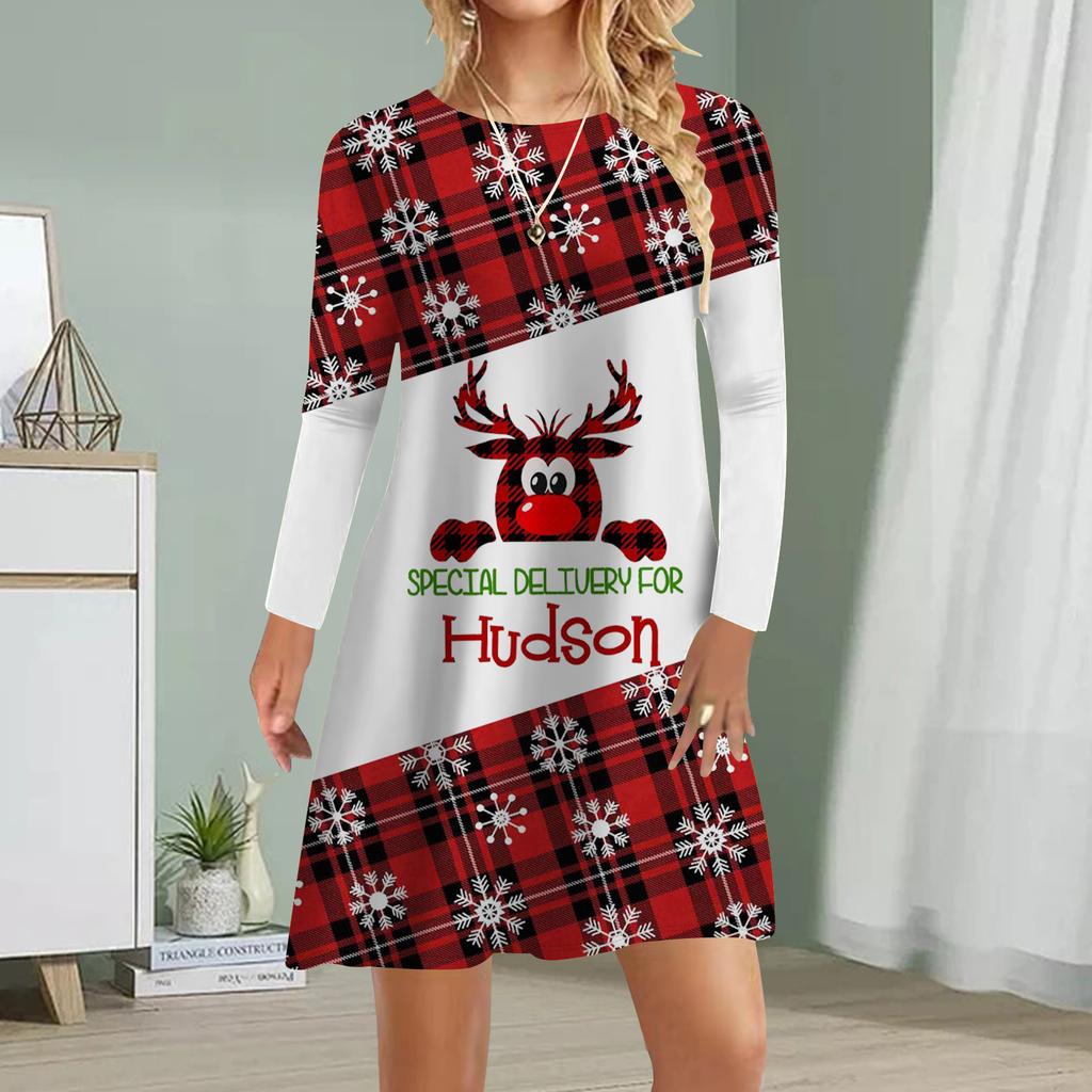 Damen Freizeitkleid Herbst Hirschkopf Print Kleider für Damen O-Ausschnitt Kurzarmkleid Übergröße