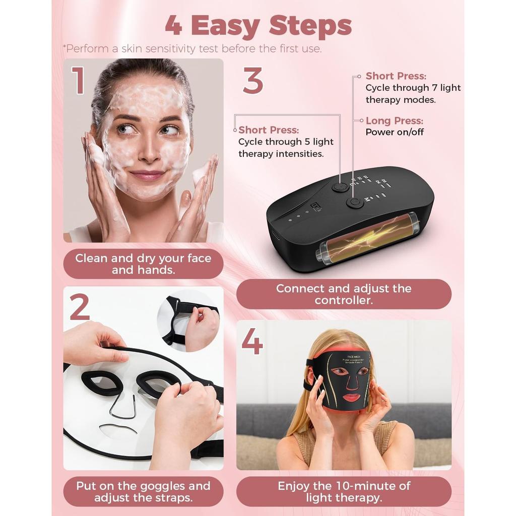 Red Light Therapy Mask for Face, LED Face Mask Light Therapy with Remote, Portable Infrared Light Therapy Skin Care Device with Timer Function
