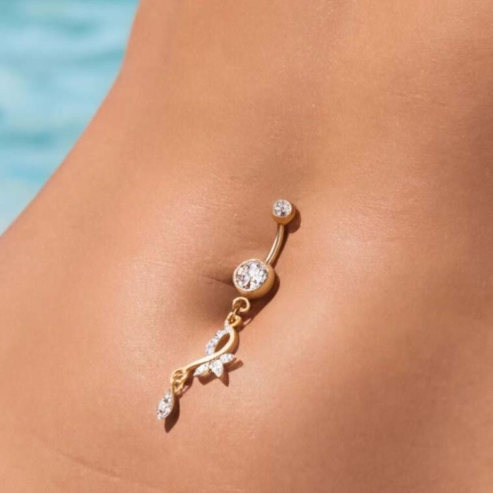 Alloy Rhinestone Piercing Belly Dual Color Shiny Leaf Navel Jewelry Exquisite Dangled Design Flower Rhinestone Belly Ring Beach