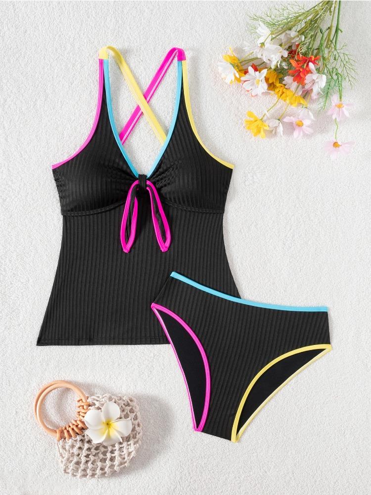 Color Block Ribbed Tank Top High Waist Two Piece Bikini Set Fashion Elegant Summer Wear