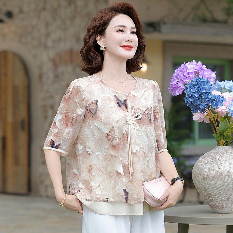 Mom's 2026 Stylish Chiffon Short-Sleeve Chinese Summer Top for Middle-Aged & Elderly Women