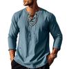 Mens Long Sleeve Pirate Henley Collar Shirts Drawstring Cotton Linen Lace Up V Neck Shirts Hippie Beach Spring Summer Tops
