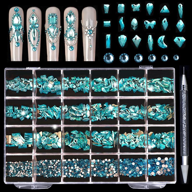 21/24 Grid Luxury Rhinestone Nail Art Jewelry Set Glass Nail Crystals Box Cristales Original 3D Flat Glass Shaped Nail Gems