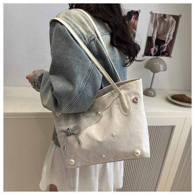 Large Capacity Women's Tote Bag - 2025 High-End Versatile Pearl Bow Handbag/Shoulder Underarm Bag