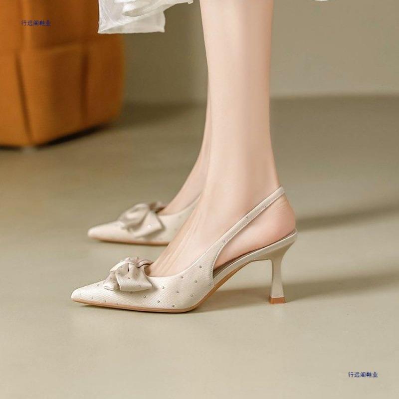 Rhinestone bow pointed head thin heel high heel single shoes women's word with temperament bag head sandals summer