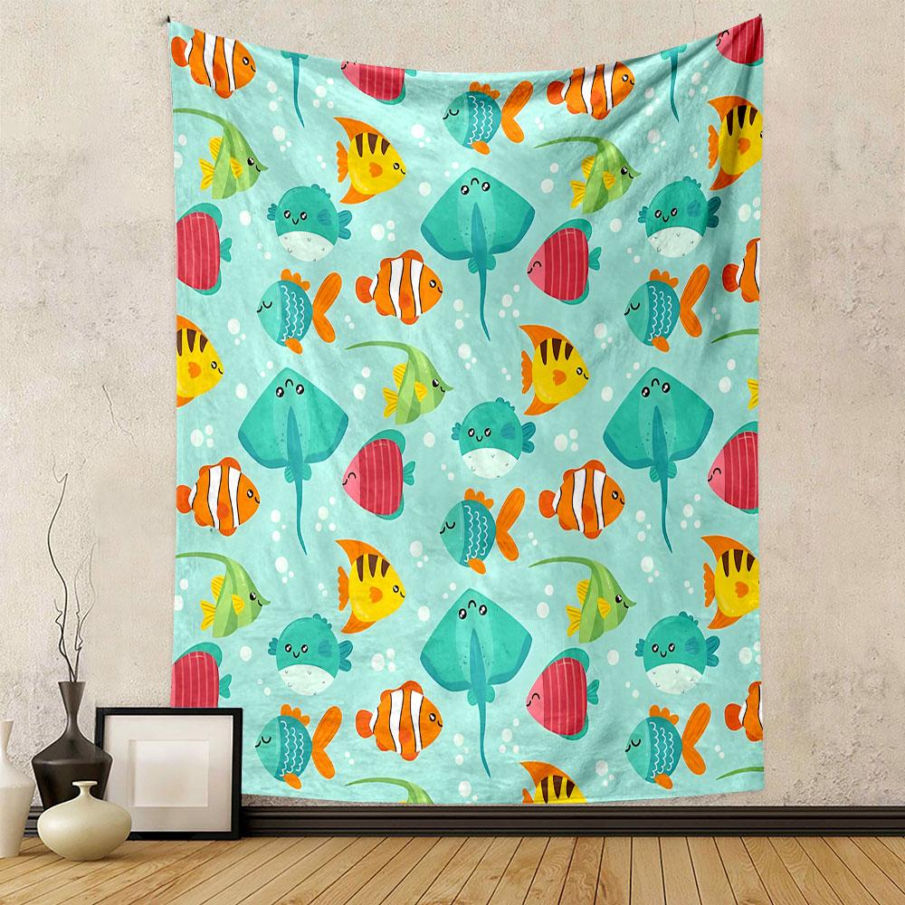 Colorful Cartoon Tropical Fish Pattern Patterned Tapestry Decorative Wall Hanging, Home Bedroom Living Room Decor