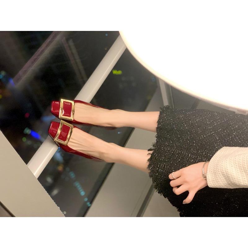 Upgraded cowhide version~ Square buckle single shoes femininity square head thick heel patent leather commuting flats women