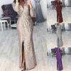 Women Deep V Neck Sequin Dress With Slit Long Sleeve Club Party Evening Dress For Women Lady - JA