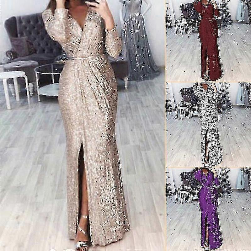 Women Deep V Neck Sequin Dress With Slit Long Sleeve Club Party Evening Dress For Women Lady - JA