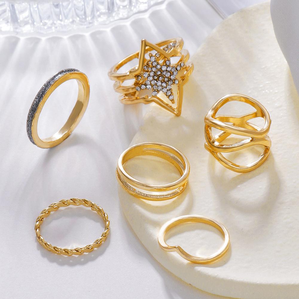 Vintage five-piece open geometry ring combination ins cold wind diamond joint winding ring set