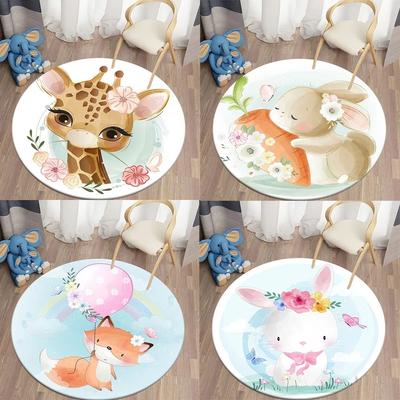 Cute Cartoon Animal Round Door Mat with Bunny Giraffe Fox Patterns Floor Mat for Kids Room Decor Adding Playful Charm