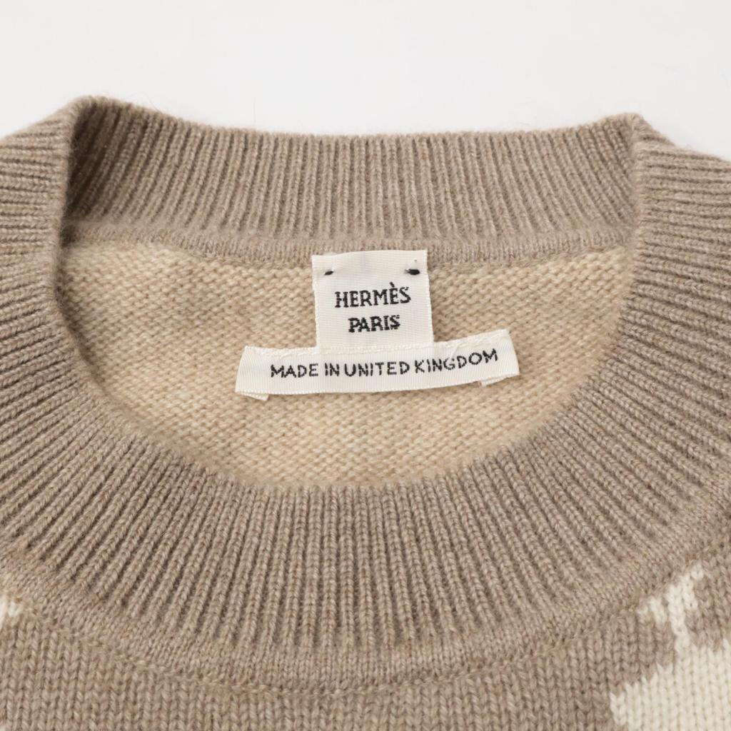 HERMES Brides de Gala/Brid de Gala Beige x Ivory Cashmere Crew Neck Long Sleeve Knit Pullover tops 36 Beige x IvoryUsed