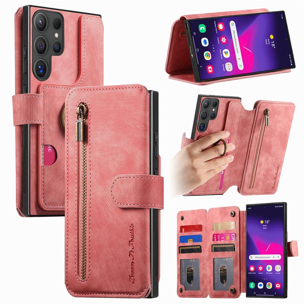 Dragkedja Kortfack Plånbok Läder Ringhållare Plånboksfodral För Samsung Galaxy S25 Ultra S24 Plus S23 A16 A06 A55 A35 A15 Flipfodral