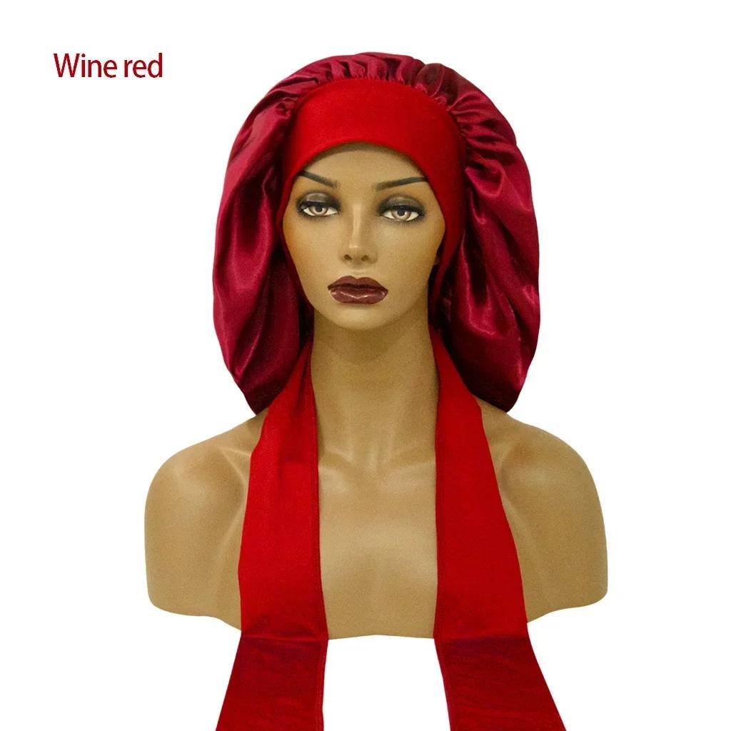 Women Satin Widened Sleep Hat Night Sleep Cap with Long Streamer Hair Care Bonnet Nightcap Shower Turban