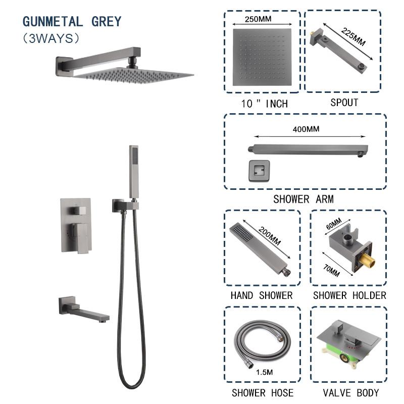 Brass Wall Embed Mount Grey Color 1/2/3 Function Concealed Shower System 10 Inch Top Rain Spray Hand Shower Head Bathroom Faucet
