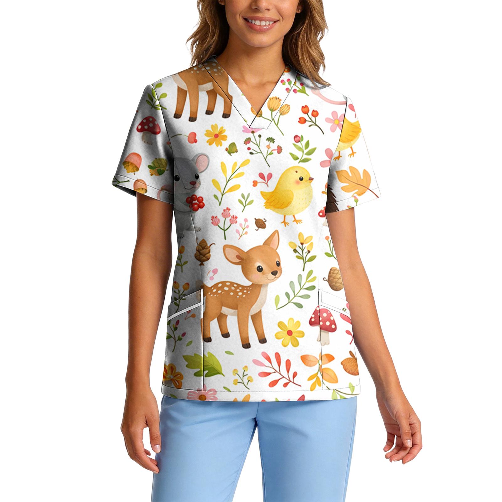 

Women s Stretch Quick-Dry V-Neck Short Sleeve Workwear Top with Animal Print & Pockets L кофейный