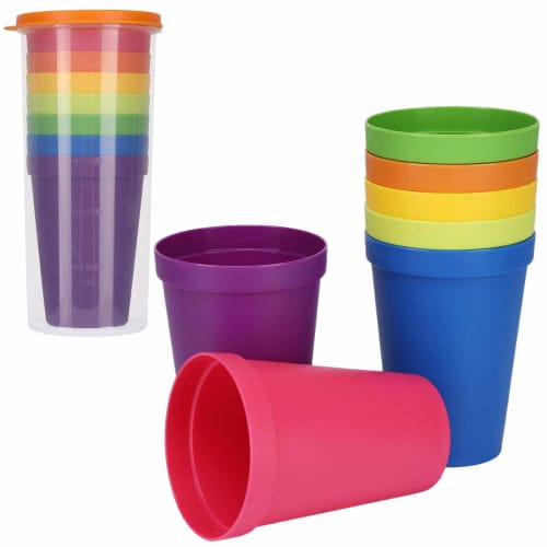 

7 Reusable Plastic Cups, Drinkware, Tumblers, Stackable Water Glasses, Pops, Rainbow Colors, 7.7 oz, for Drinking Parties, Events, and Weddings