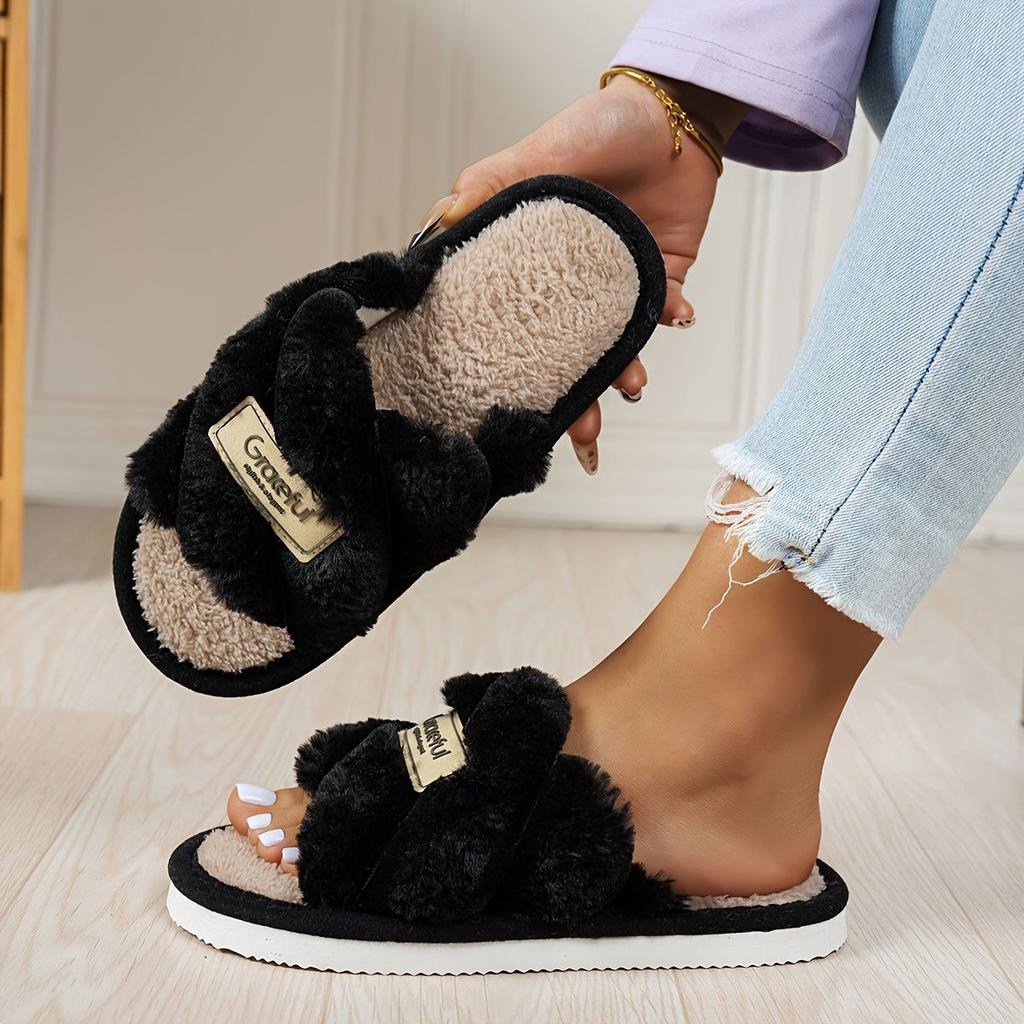 Cozy Plush Lined Open Toe Slippers with Non-slip Soft Sole for Winter & Autumn