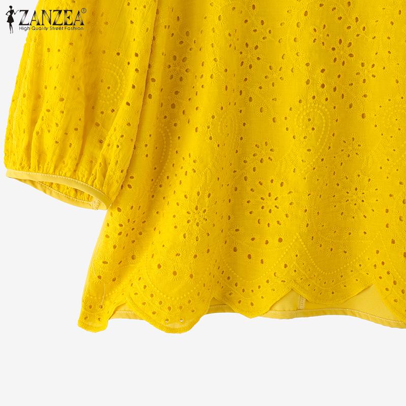 ZANZEA Women Casual Square Neck Loose 3/4 Sleeve Patchwork Crochet Blouse