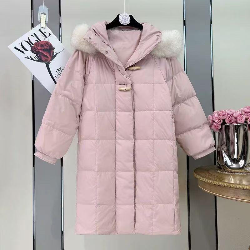 

Зимняя новая маленькая пуховая куртка женская средней длины выше колена с большим меховым воротником из лисы, модное утолщенное пальто L розовый