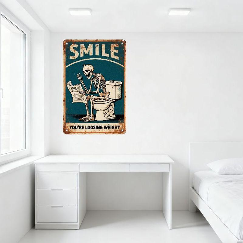 Vintage Rusty Teal Metal Sign 'SMILE' with Skeleton on Toilet Reading Newspaper, 'YOU’RE LOOSING WEIGHT' Humorous Novelty Plaque