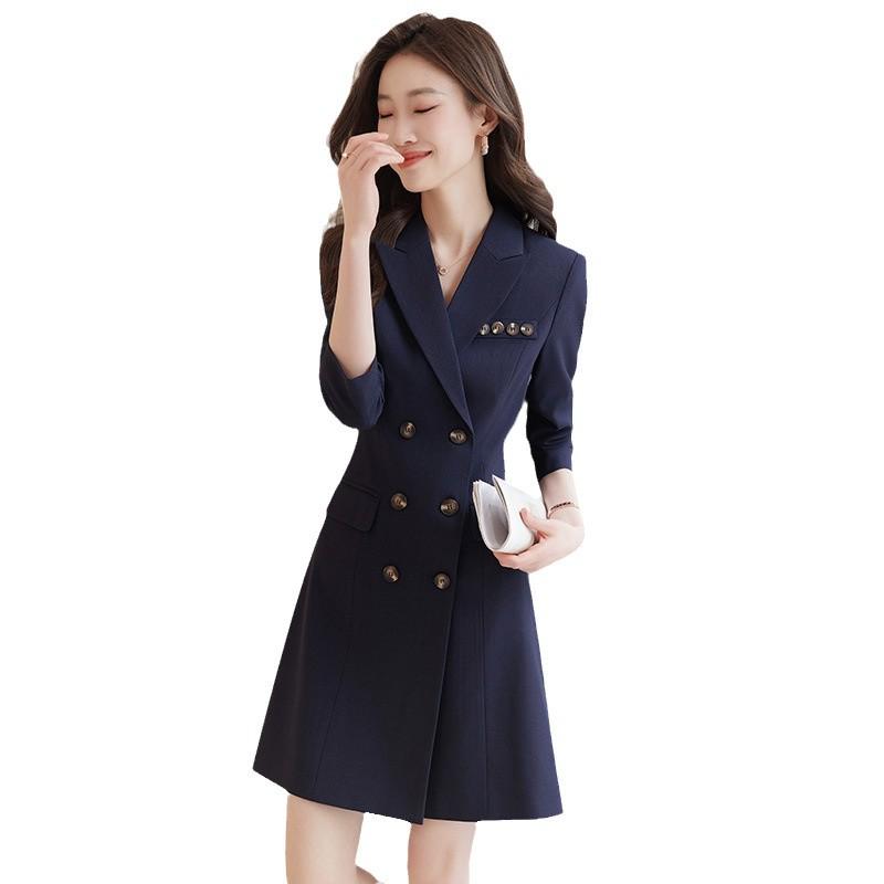 Women's Double-Breasted Gray Suit Dress - Mid-Length, High-End Professional Workwear for Spring and Autumn