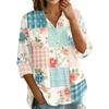 Women Button Front Patchwork Blouse Three Quarter Sleeve Loose Fit Shirt with Collar and Mixed Print Design Casual Top