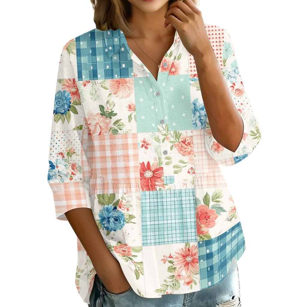 Women Button Front Patchwork Blouse Three Quarter Sleeve Loose Fit Shirt with Collar and Mixed Print Design Casual Top