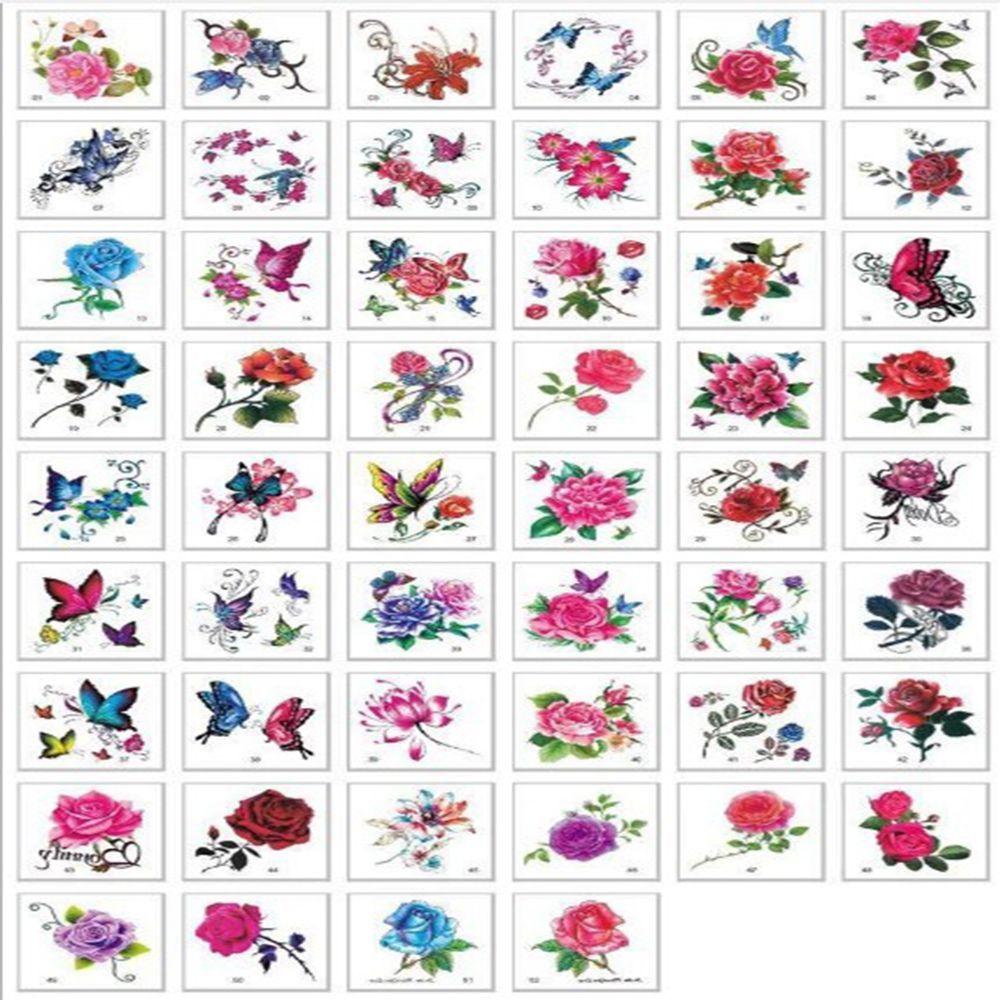 52Pcs Cute Makeup Body Art Sticker DIY Temporary Tattoos Butterfly Rose Flower Fake Tattoos