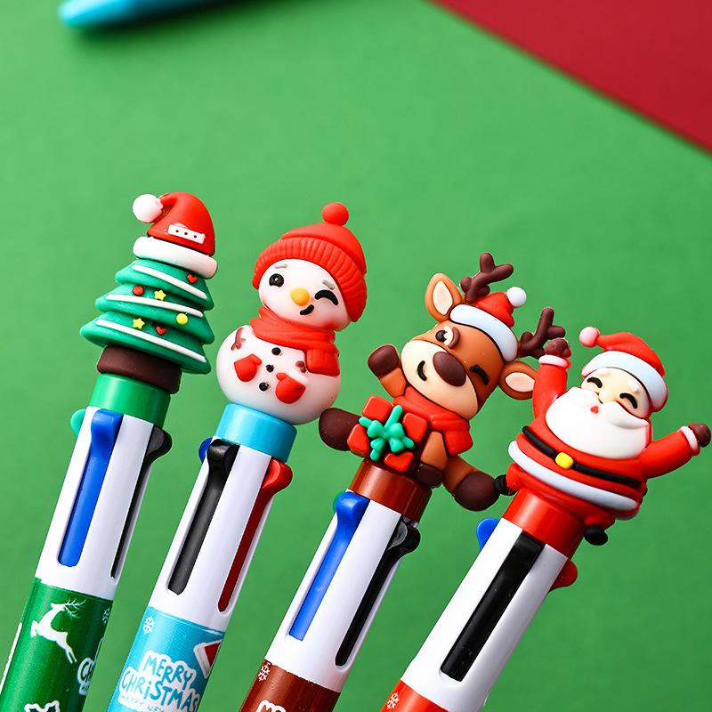 Random 5pcs Cartoon Christmas Pens 4in1 Retractable Colored Ballpoint Pen Xmas Gel Pen for Party Gifts School Office Supply