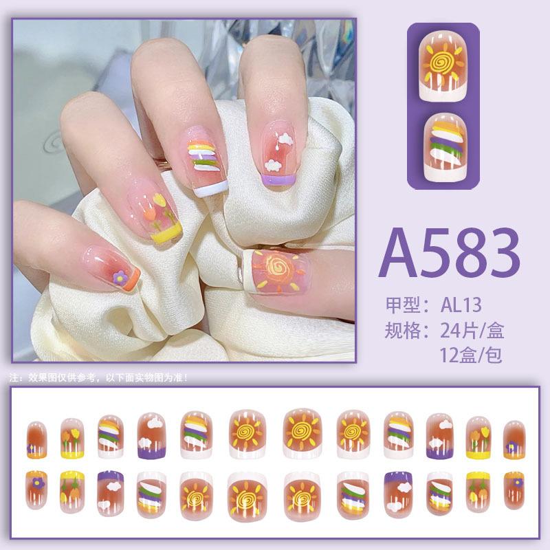Winter fresh and simple pure lust style bride dance wear nails rainbow love rose fake nails