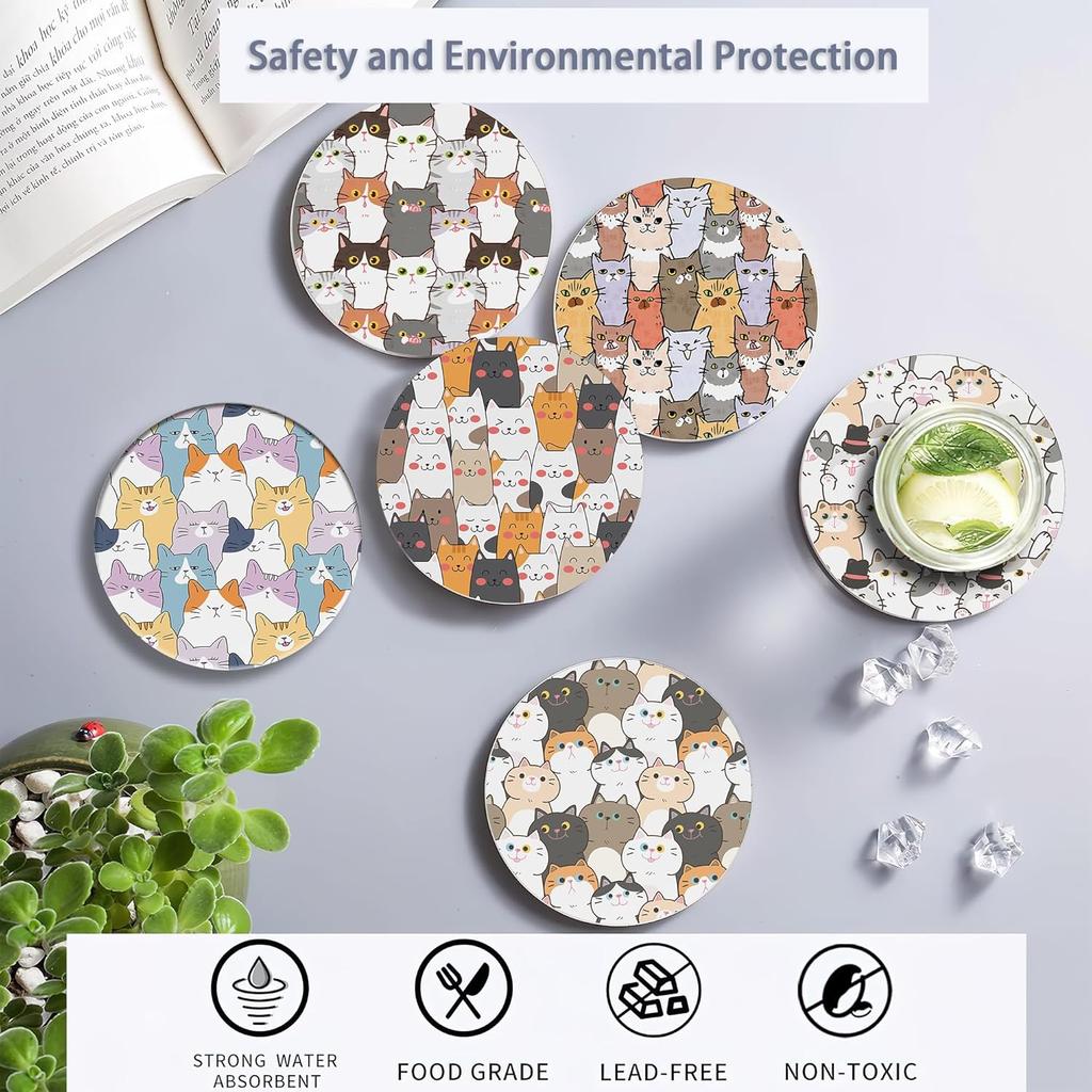 Drink Coasters Set of 6 with Holder, Cute Cats Absorbent Ceramic Coasters with Cork Base,Fit All Cups,Great Gift for Housewarming,Room