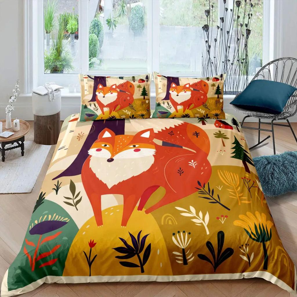 Comforter Cute Forest Animals Theme S King Size Fox Deer Rabbit Owl Hedgehog Flowers Comforter Set 2/3Pcs Bedding Set