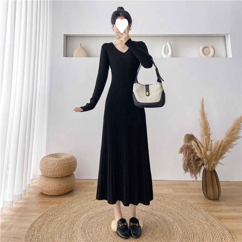 Elegant French-Inspired V-Neck Long Sleeve Knit Midi Dress High Waist Slim Fit Solid Color A-Line Black