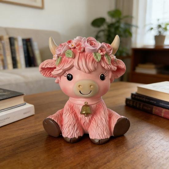 Pink Highland Cow Figurine Resin Highland Cow Statue Small Cute Cattle Sculpture for Garden Table Shelf Kitchen Home Decor