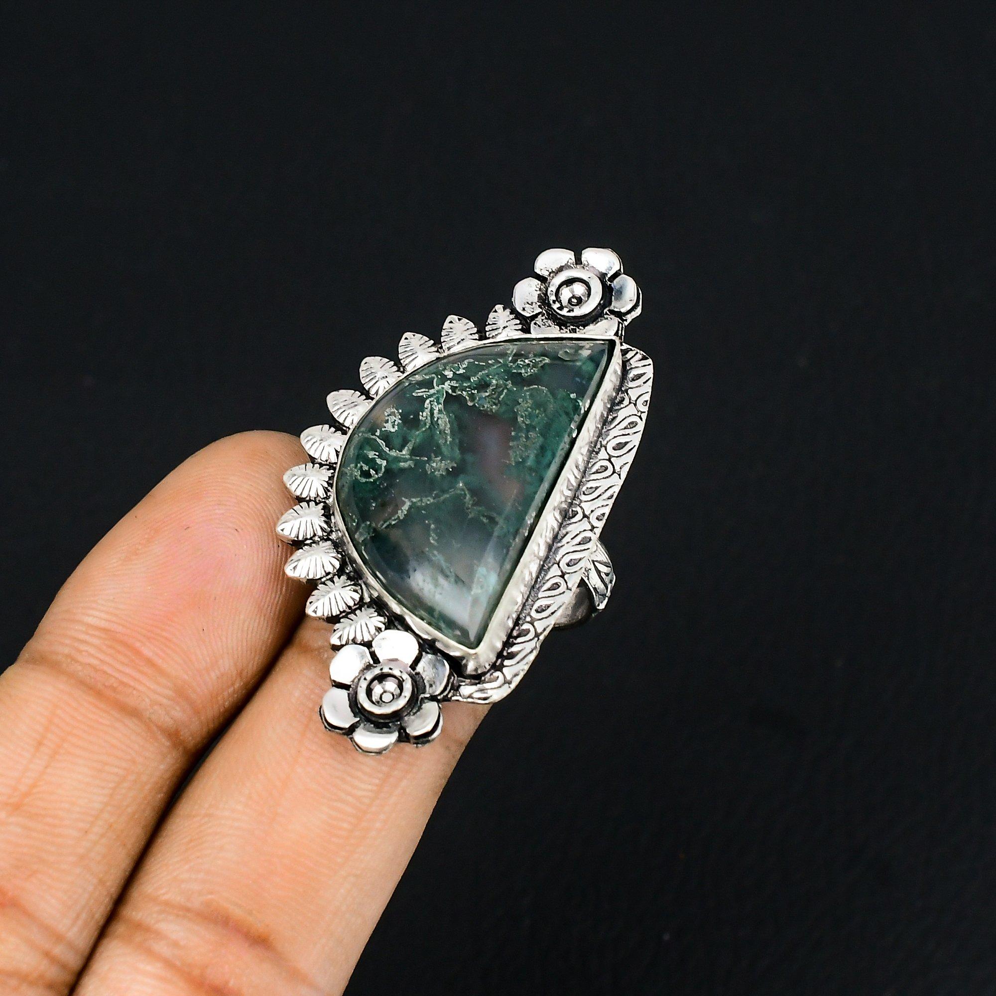 Natural Solar Moss Agate Stackable New Flower Ring Size 7.5 925 Sterling Silver 7.5