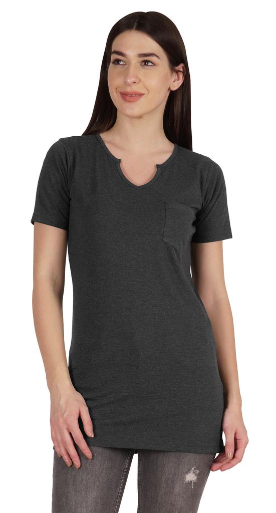 Inkmeso Long Length Notch Neck Top For Women Basic Cotton Tee Shirt w  Pocket Patch Legging