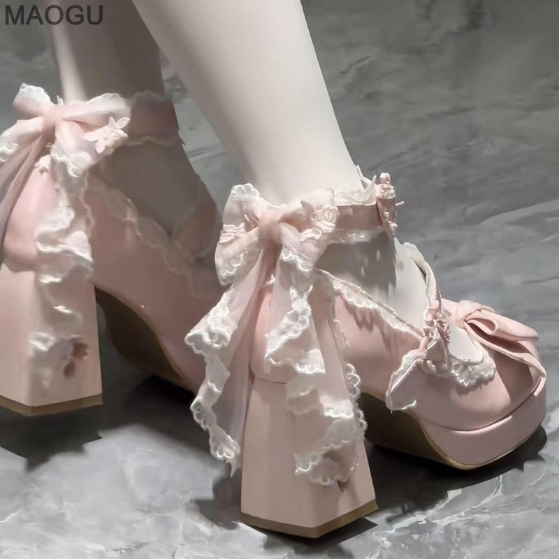 Schöne Mädchen Rosa Lolita Schmetterlingsknoten High Heels Plateau-Schuhe für Damen Süßes Sakura Kleid Mary Janes Beige Größe 34-42