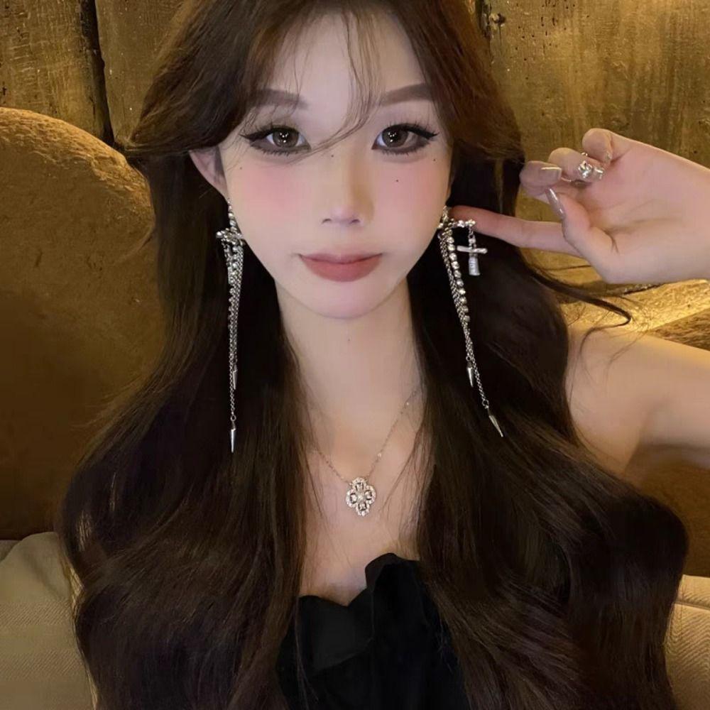 

Інкрустовані стразами сережки-підвіски з довгими китицями, вишукані сережки-пусети, нові сережки-хрестики, для вечірки срібний